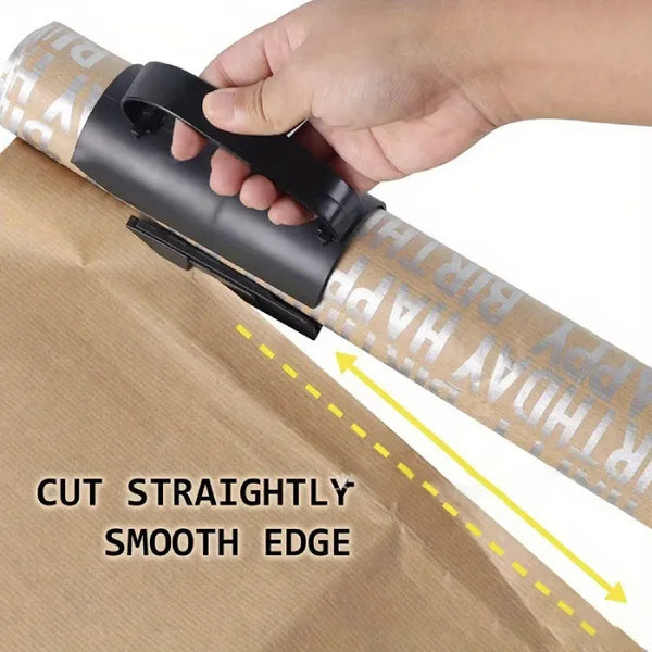 sliding wrapping paper cutter hand-held cutting brown kraft wrap roll to create a straight smooth edge.