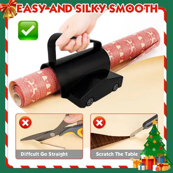 sliding wrapping paper cutter hand-held cutting red patterned wrap, comparison graphics showing scissors and knives are less ideal.