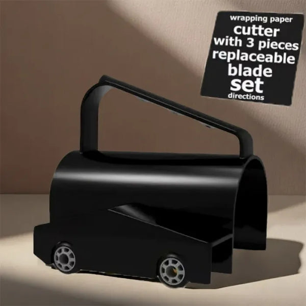 sliding wrapping paper cutter studio shot black unit with car-style base and handle showcased with replaceable blade feature.
