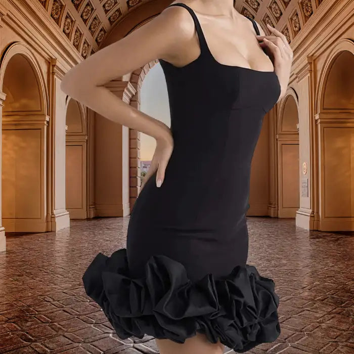 cocktail dress with sleek black silhouette, supportive straps and statement ruffle bottom photographed in elegant historical corridor