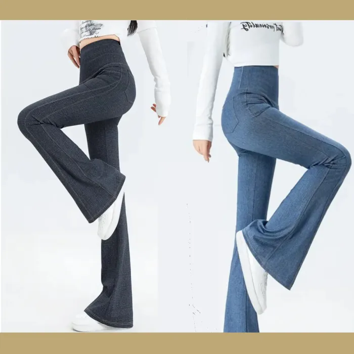 Side-by-side comparison of dark and light denim high-waisted flared jeans, showcasing the wide-leg design and color options