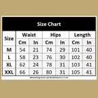 Size chart displaying measurements for waist, hips, and length in centimeters and inches for sizes M, L, XL, and XXL