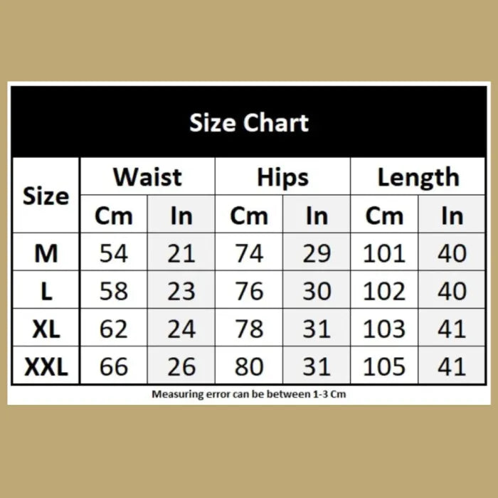 Size chart displaying measurements for waist, hips, and length in centimeters and inches for sizes M, L, XL, and XXL