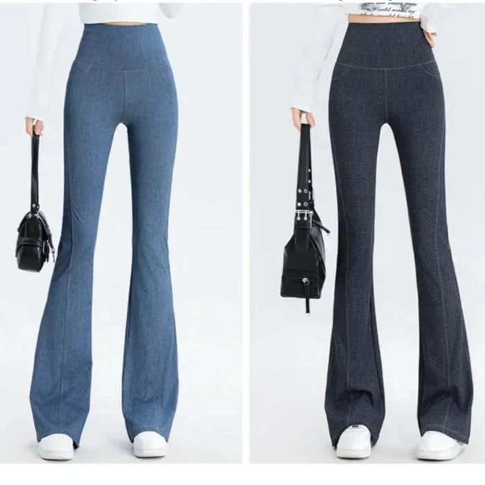 Side-by-side comparison of light blue and dark denim high-waisted flared jeans, showcasing full-length view and accessorized with black handbags