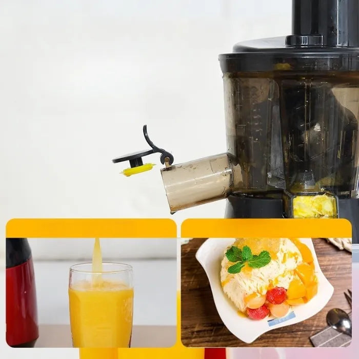 Professional slow juicer machine extracting fresh orange juice into glass with healthy dessert on wooden table
