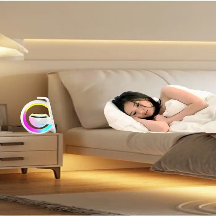 RGB speaker on nightstand with voice controls, adjusting room lighting for sleeping woman in cozy bedroom