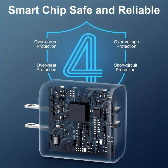 Charger with smart chip offering over-current, over-heat, over-voltage, and short-circuit protection for reliability.