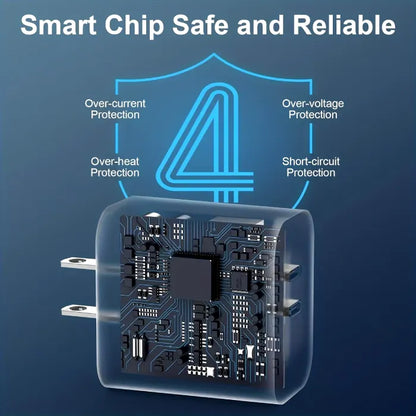 Charger with smart chip offering over-current, over-heat, over-voltage, and short-circuit protection for reliability.