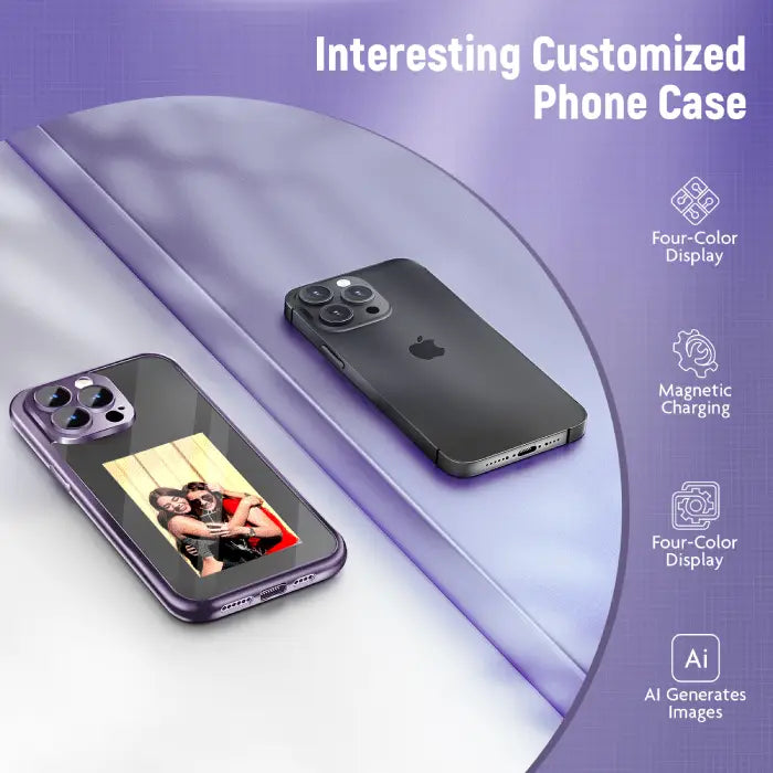 Smart display case for iPhone with AI-generated image of hugging friends and magnetic charging.