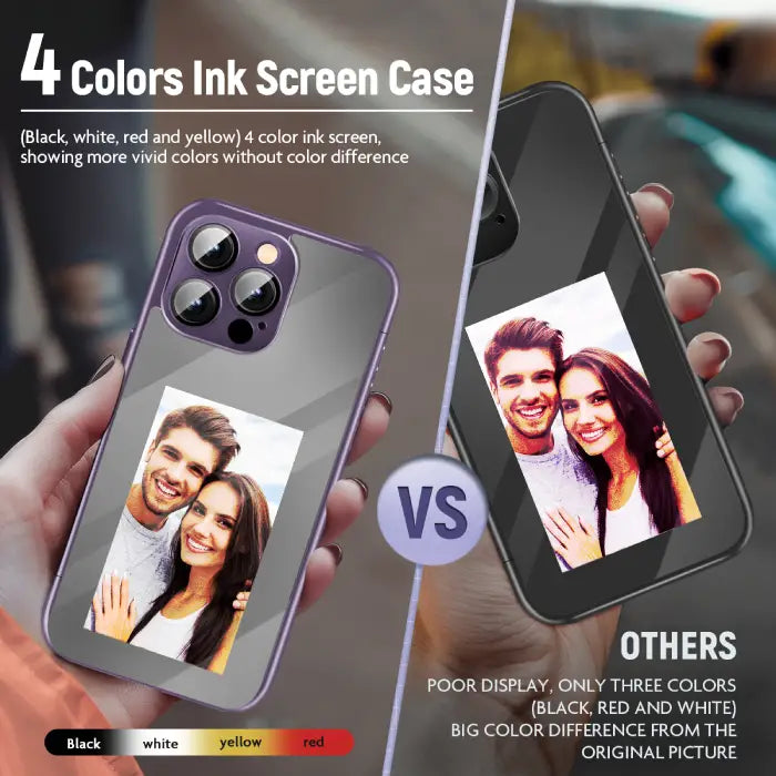 Smart display case for iPhone with four-color ink screen showing vivid photo without distortion.