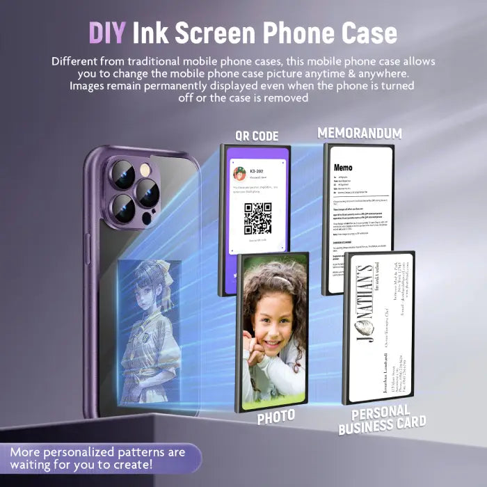 Smart display case for iPhone with DIY ink screen showing photo, memo, QR, and business card.