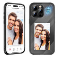Smart display case for iPhone showing NFC image sync and photo display of smiling couple.