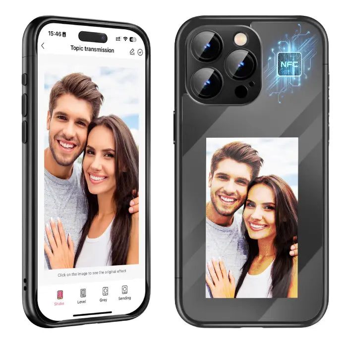 Smart display case for iPhone showing NFC image sync and photo display of smiling couple.