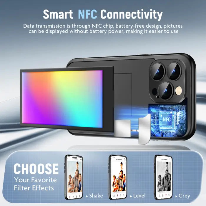 Smart display case for iPhone displaying synced couple photo via NFC on a purple phone shell.