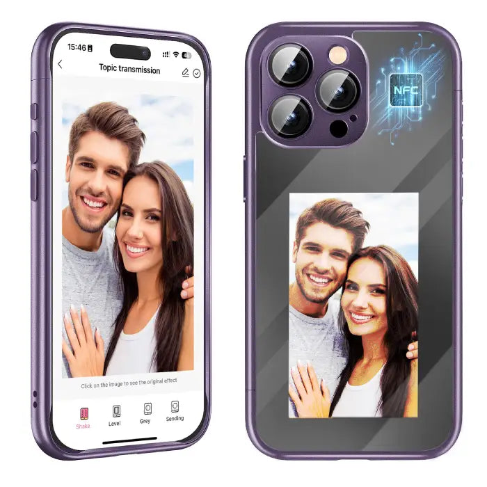 Smart display case for iPhone displaying synced couple photo via NFC on a purple phone shell.