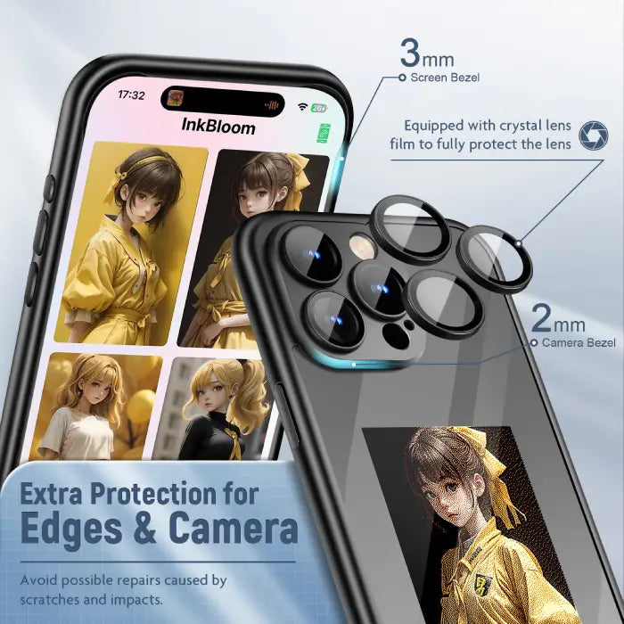 Smart display case for iPhone with lens film and enhanced bezel protection for screen and camera.