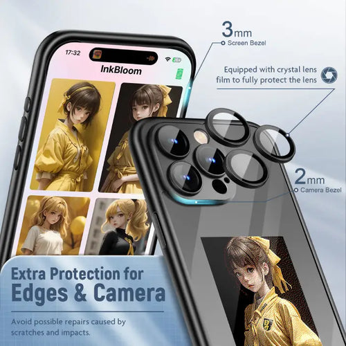 Smart display case for iPhone with lens film and enhanced bezel protection for screen and camera.