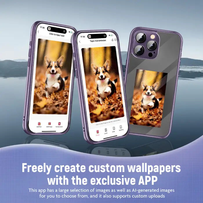 Smart display case for iPhone showing custom wallpaper app with a corgi in autumn leaves.