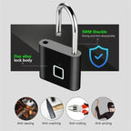 Advanced biometric padlock with zinc alloy body, 5MM shackle, featuring anti-sawing, anti-cutting, and anti-theft protection