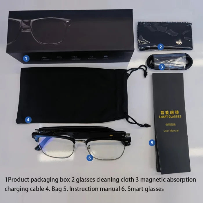 Comprehensive package of smart glasses including accessories and user manual for easy setup.