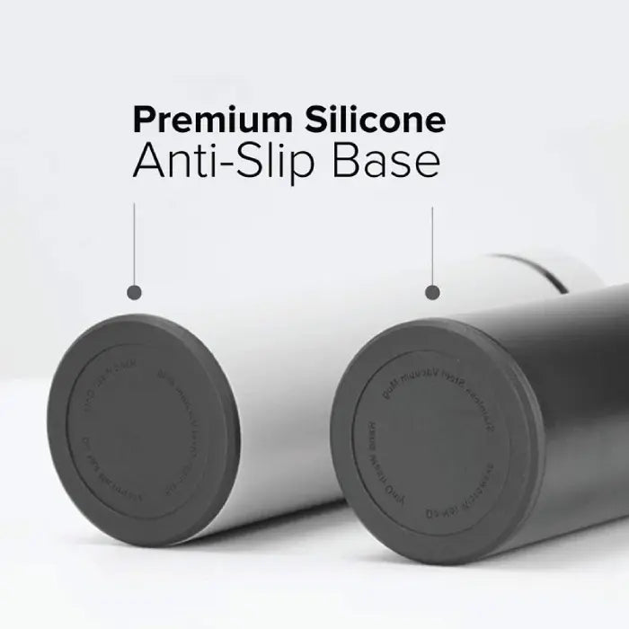 Smart insulated water bottle with premium silicone anti-slip base in two colors.