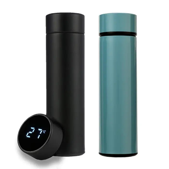 Smart insulated water bottle in black and blue with LED temperature display lid.