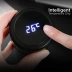 Smart insulated water bottle lid showing LED temperature reading when touched.