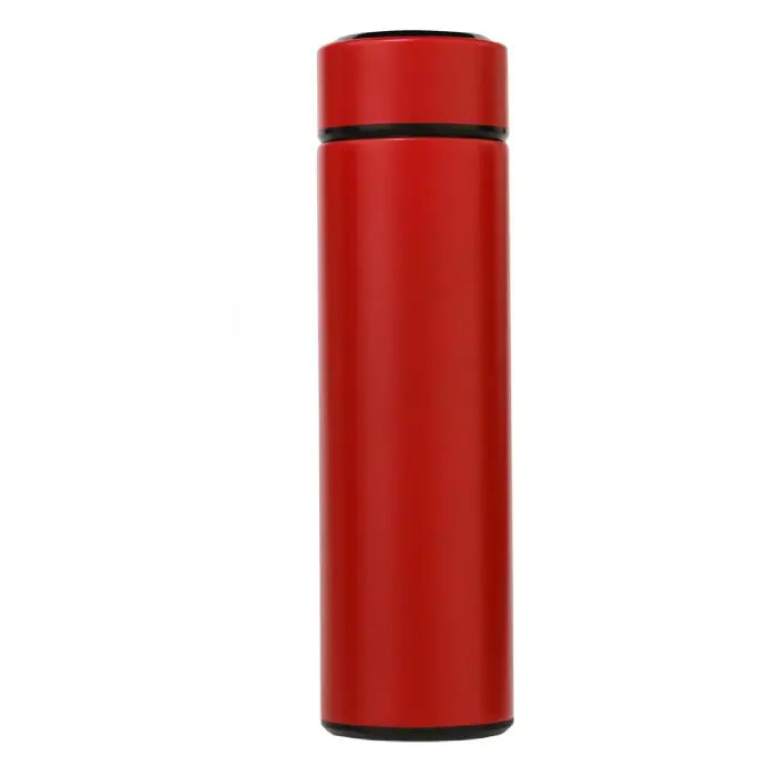 Smart insulated water bottle in vibrant red shown in a standing position.
