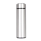 Smart insulated water bottle in sleek silver standing upright on white background.