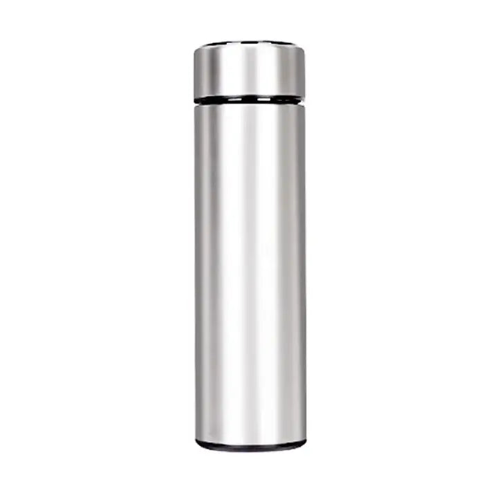 Smart insulated water bottle in sleek silver standing upright on white background.