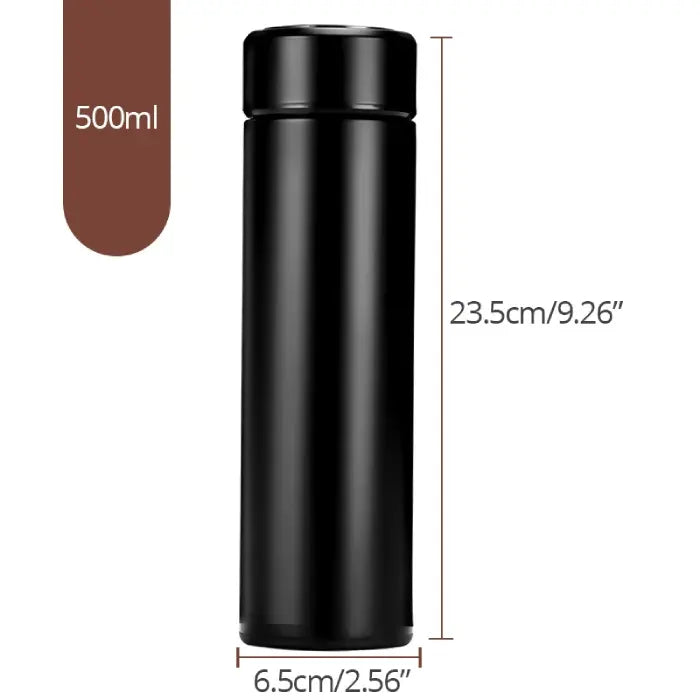 Smart insulated water bottle showing 500ml capacity with height and width measurements.