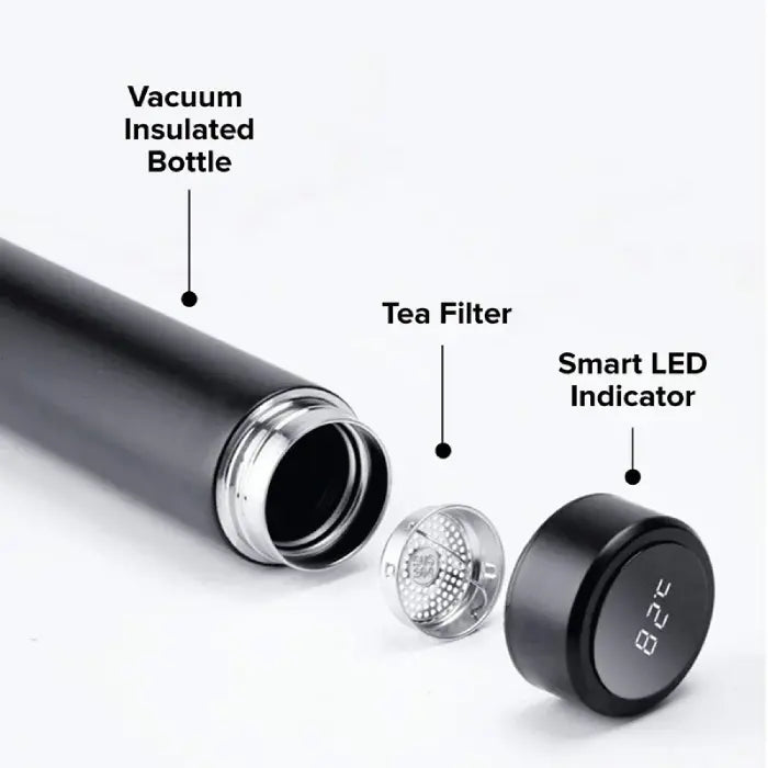 Smart insulated water bottle with removable tea filter and LED temperature lid.