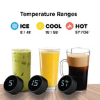 Smart insulated water bottle lid displaying ice, cool, and hot temperature ranges.