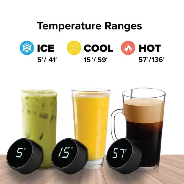 Smart insulated water bottle lid displaying ice, cool, and hot temperature ranges.