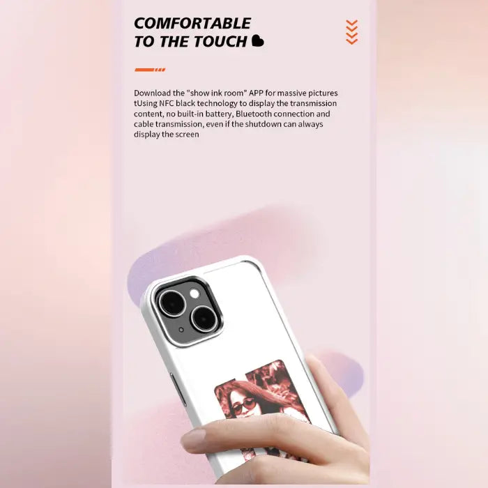 Smart phone case with smooth texture and image display via NFC black technology and app support.