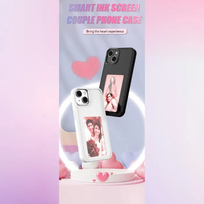 Smart phone case designed for couples with customizable ink screen display for shared photo memories.