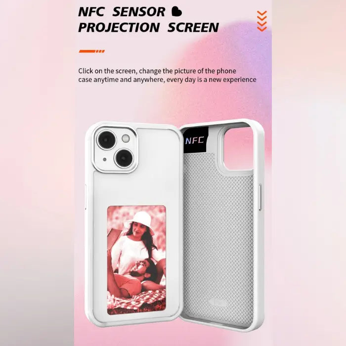 Smart phone case featuring NFC image projection technology with no battery or cable requirement.