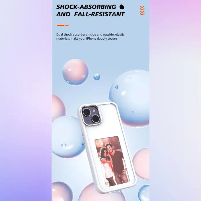 Smart phone case with aluminum lens frame, flexible edges, and personalized metal side buttons.