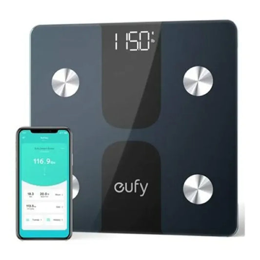 Digital smart scale with LED display showing weight measurement and smartphone app integration for health tracking