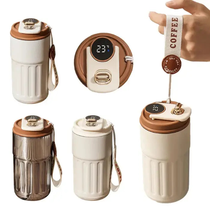 Insulated coffee mug with digital temperature display and touch controls on lid, available in various colors