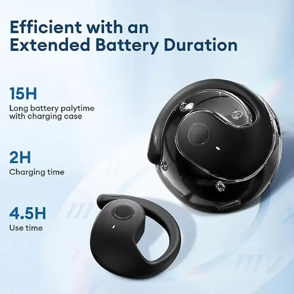 Black wireless translator earphone with charging case showing 15-hour battery life, 2-hour charging time, and 4.5-hour use time