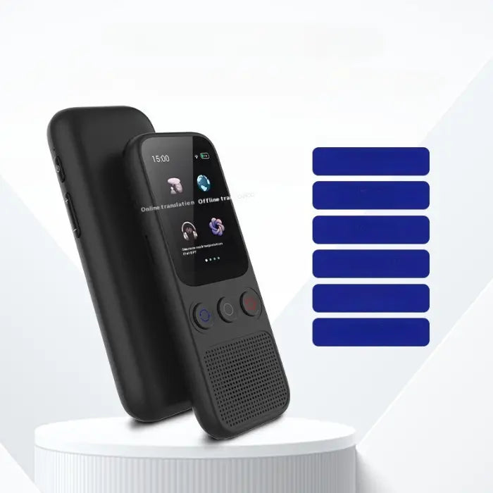 Black handheld smart translator device displaying multiple translation features and functions on white pedestal