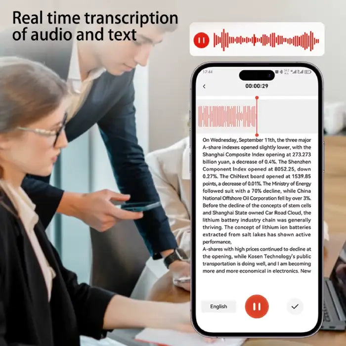 Smart voice recorder with ChatGPT-4 featuring AI transcription, translation, and summarization capabilities.