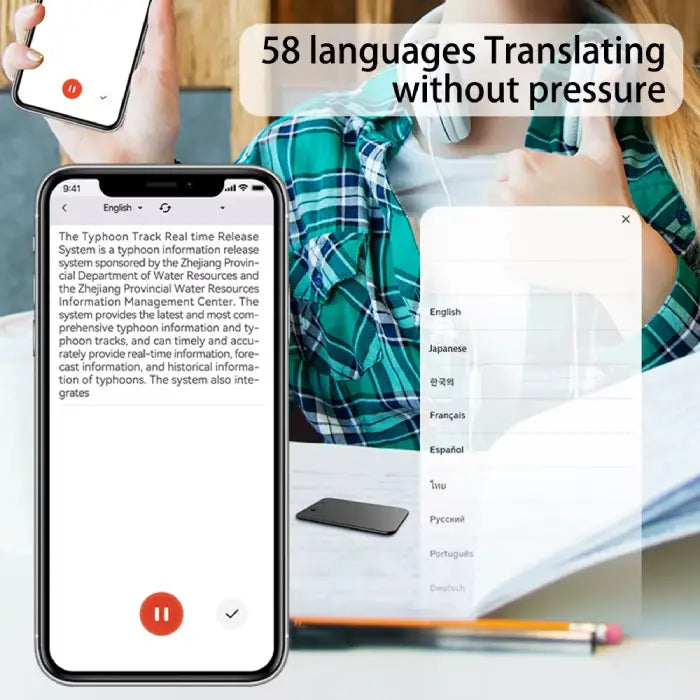 Smart voice recorder with ChatGPT-4 performing real-time translation of 58 languages for study or work.
