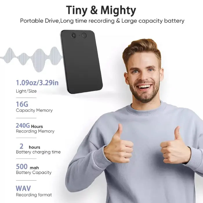 Smart voice recorder with ChatGPT-4 showing compact design and user giving positive thumbs-up gesture.