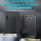 Smart voice recorder with ChatGPT-4 transcribing audio to text during a business meeting scene.