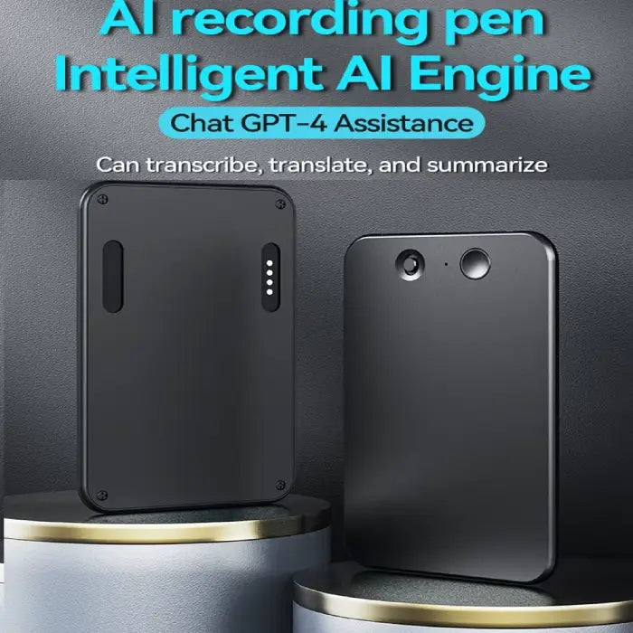Smart voice recorder with ChatGPT-4 transcribing audio to text during a business meeting scene.