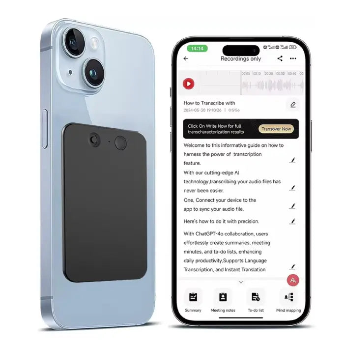Smart voice recorder with ChatGPT-4 connected to phone for transcription and real-time audio sync.