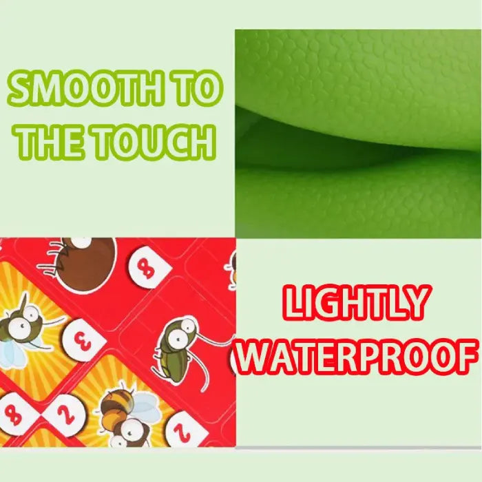 Product feature display highlighting waterproof and smooth texture properties of green lizard game components