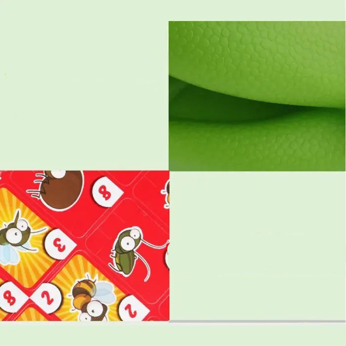 Product feature display highlighting waterproof and smooth texture properties of green lizard game components
